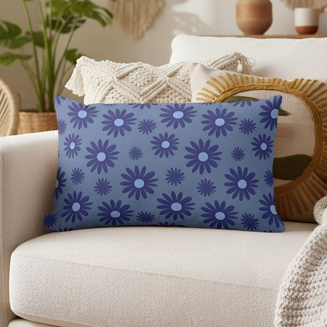 Blue Daisy  Lumbar Cushion (blue daisy pattern pillow)