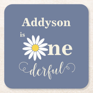 Blue Daisy Onederful First Birthday Square Paper Coaster