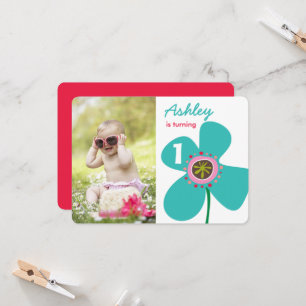 Blue Daisy Pop Flower Cute Photo Girl 1st Birthday Invitation