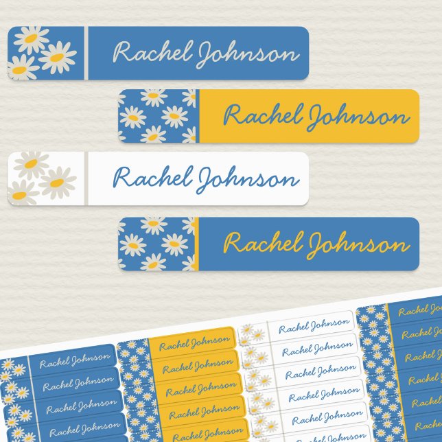 Blue Daisy & Retro Striped Waterproof Kids Name (Girls Waterproof Name Labels with daisies, in blue, yellow and white.)