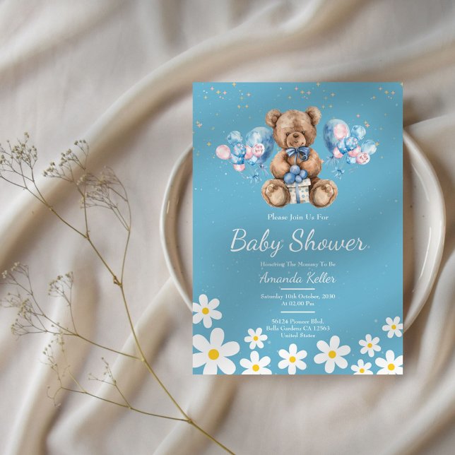 Blue Daisy Teddy Bear Baby Shower Invitation (Creator Uploaded)