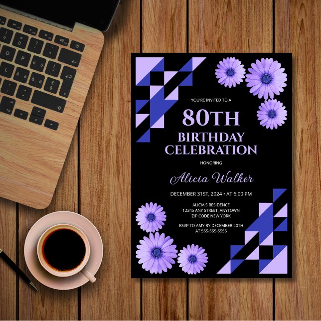 Blue Daisy Triangle Geometric Black Birthday  Invitation (Creator Uploaded)