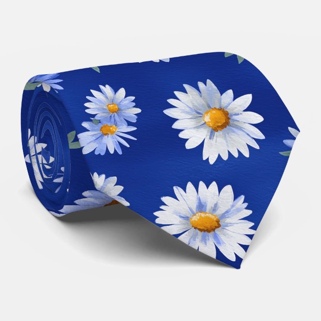 Blue Daisy Watercolor Floral Pattern Tie (Rolled)