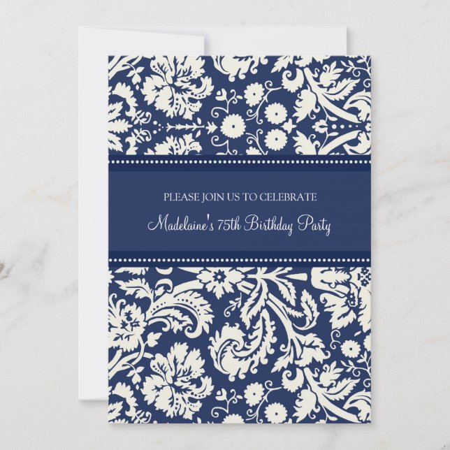 Blue Damask 75th Birthday Party Invitations (Front)