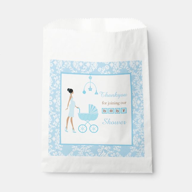 Blue Damask African American Woman Baby Shower Favour Bag (Front)