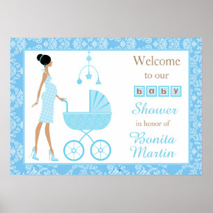Blue Damask African American Woman Baby Shower Poster