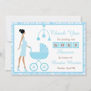 Blue Damask African American Woman Baby Shower Thank You Card