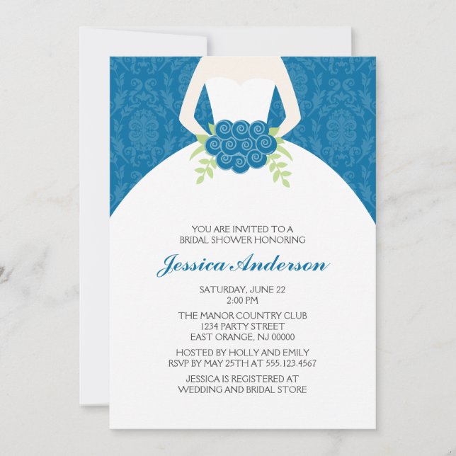 Blue Damask and Florals Bridal Shower Invitations (Front)