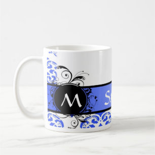 Blue damask and monogram coffee mug