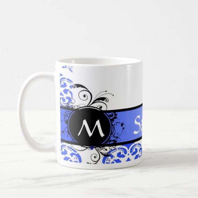 Blue damask and monogram coffee mug (Left)