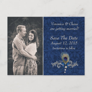 Blue Damask and Peacock Feather Save The Date Announcement Postcard