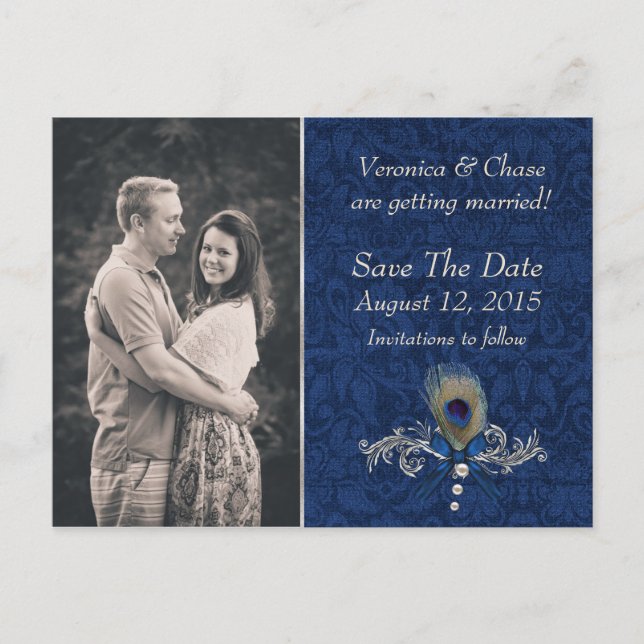 Blue Damask and Peacock Feather Save The Date Announcement Postcard (Front)