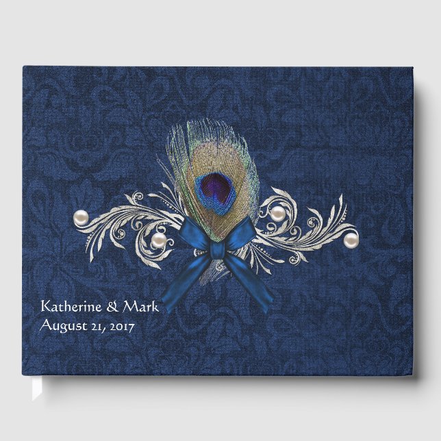 Blue Damask and Peacock Feather Wedding Guest Book (Front)