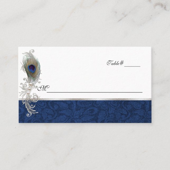 Blue Damask and Peacock Feather Wedding Place Card (Front)