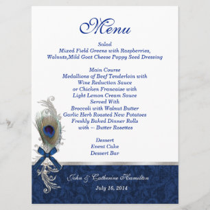 Blue Damask and Peacock Feather Wedding Table Menu