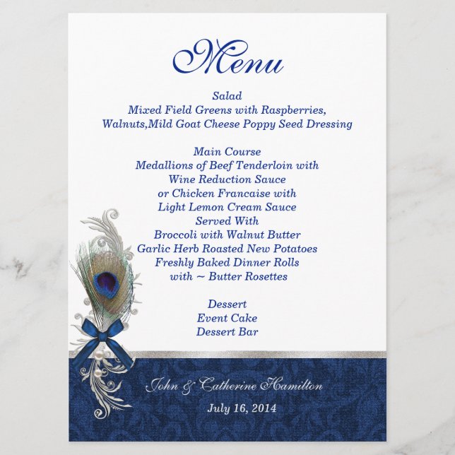 Blue Damask and Peacock Feather Wedding Table Menu (Front)