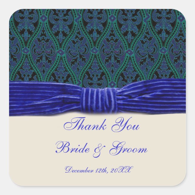 blue damask and ribbon wedding sticker (Front)