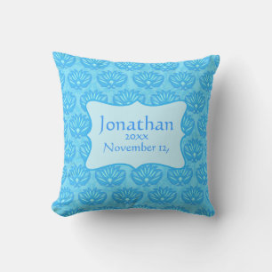 Blue Damask Baby Boy Name Personalised Birth Cushion