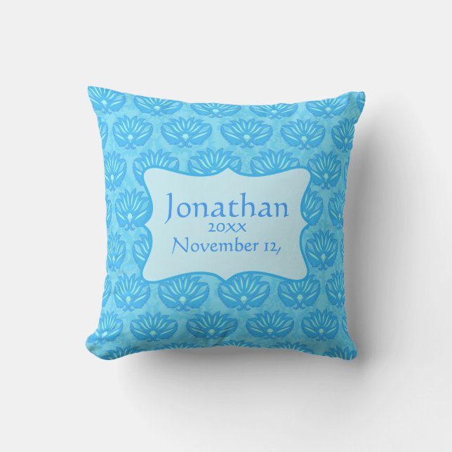Blue Damask Baby Boy Name Personalised Birth Cushion (Front)