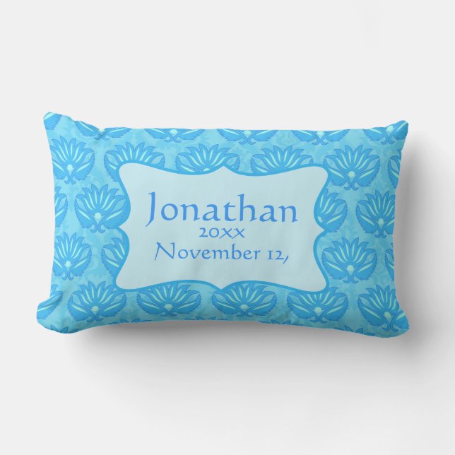Blue Damask Baby Boy Name Personalised Birth Lumbar Cushion (Front)