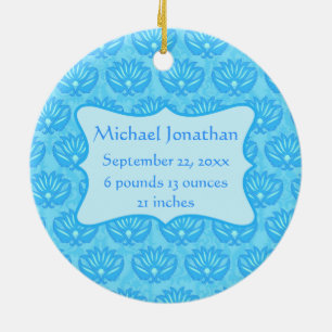 Blue Damask Baby Boy Name Personalised Ceramic Tree Decoration