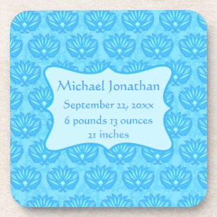 Blue Damask Baby Boy Name Personalised Coaster