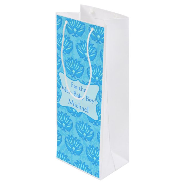 Blue Damask Baby Boy Name Personalised Wine Gift Bag (Back Angled)