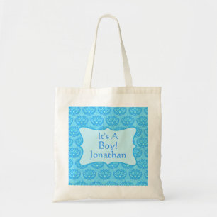 Blue Damask Baby Its A Boy Birth Announcement Tote Bag