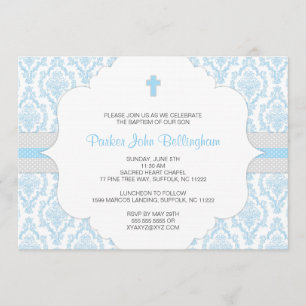 Blue Damask Baptism / Christening invite for boys