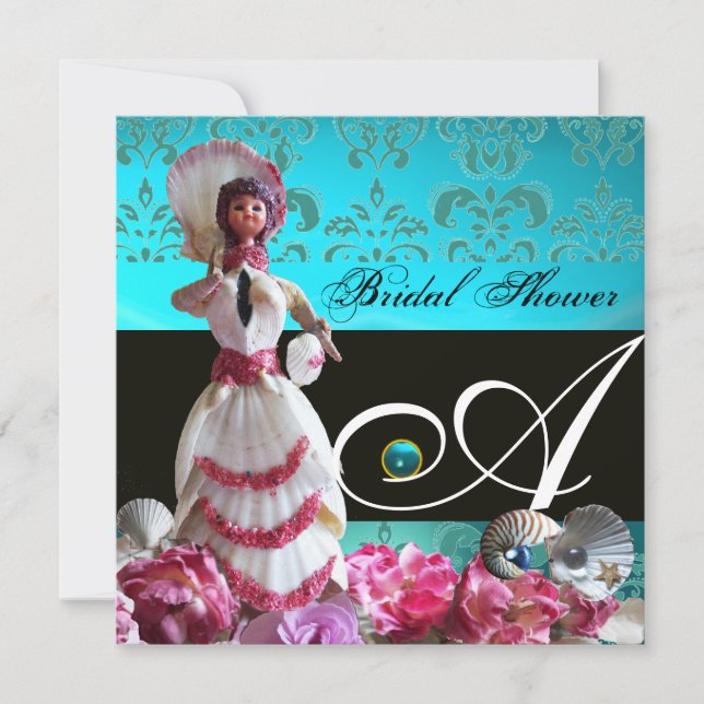 BLUE DAMASK BEACH WEDDING - BRIDAL SHOWER MONOGRAM INVITATION (Front)