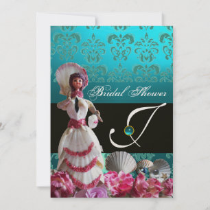 BLUE DAMASK BEACH WEDDING - BRIDAL SHOWER MONOGRAM INVITATION