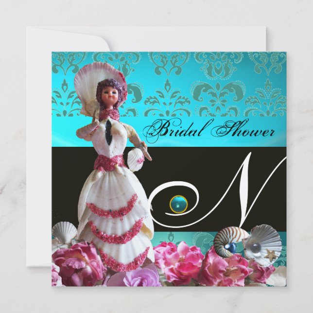 BLUE DAMASK BEACH WEDDING - BRIDAL SHOWER MONOGRAM INVITATION (Front)