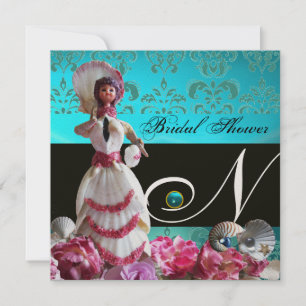 BLUE DAMASK BEACH WEDDING - BRIDAL SHOWER MONOGRAM INVITATION