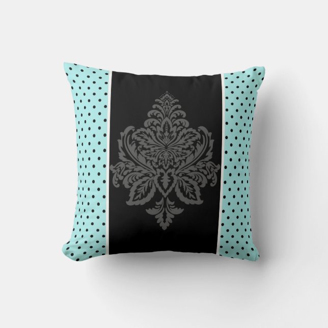 Blue, damask & black polka dots  throw pillow (Front)