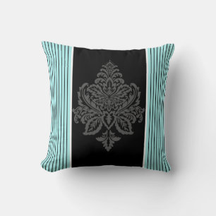 Blue, damask & black stripes throw pillow