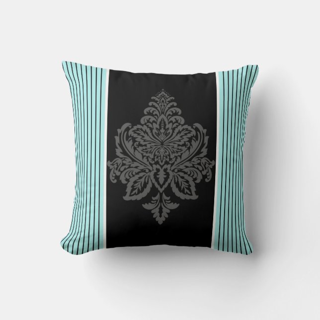 Blue, damask & black stripes throw pillow (Front)