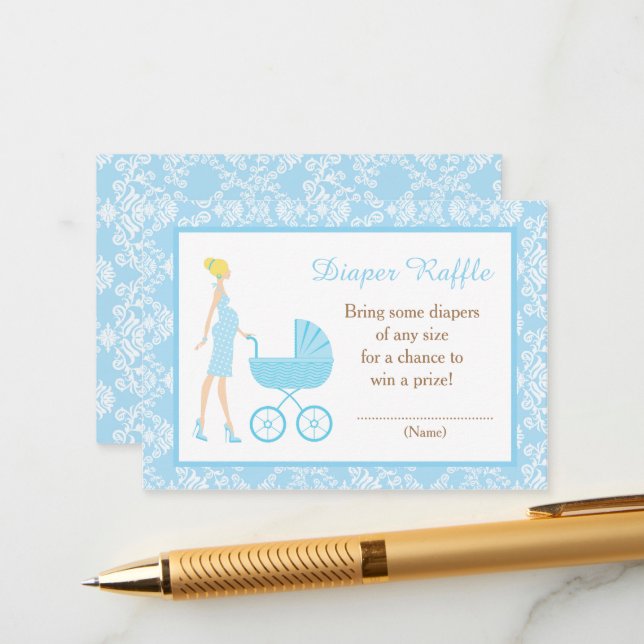 Blue Damask Blonde Woman Baby Shower Enclosure Card (Front/Back In Situ)