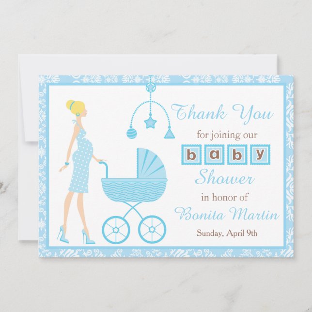 Blue Damask Blonde Woman Baby Shower Thank You Card (Front)