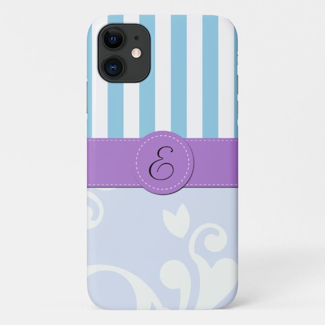 Blue Damask, Blue Stripes, Striped, Monogram Case-Mate iPhone Case (Back)
