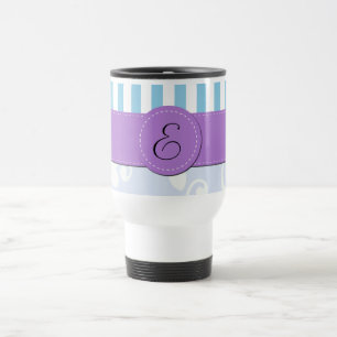 Blue Damask, Blue Stripes, Striped, Monogram Travel Mug