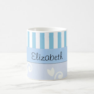 Blue Damask, Blue Stripes, Striped, Your Name Coffee Mug