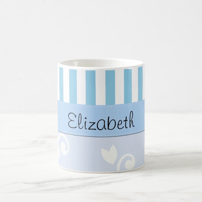 Blue Damask, Blue Stripes, Striped, Your Name Coffee Mug (Center)
