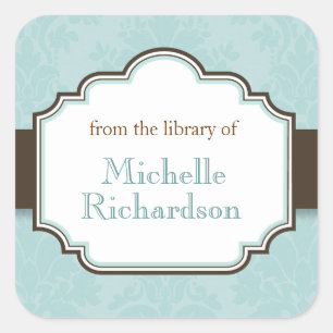 Blue damask bookplates square sticker