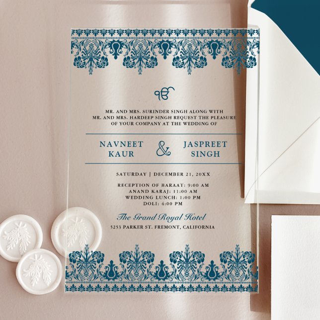 Blue Damask Border Anand Karaj Sikh Wedding Acrylic Invitations (Creator Uploaded)