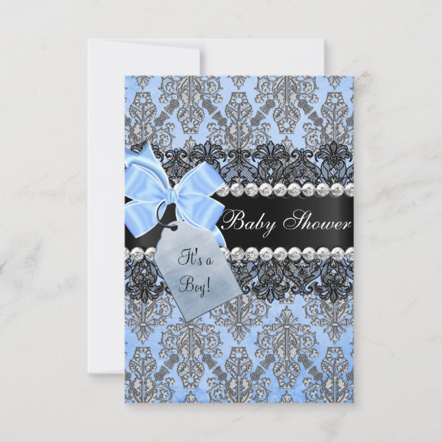 Blue Damask & Bow Boy Baby Shower Invitation (Front)