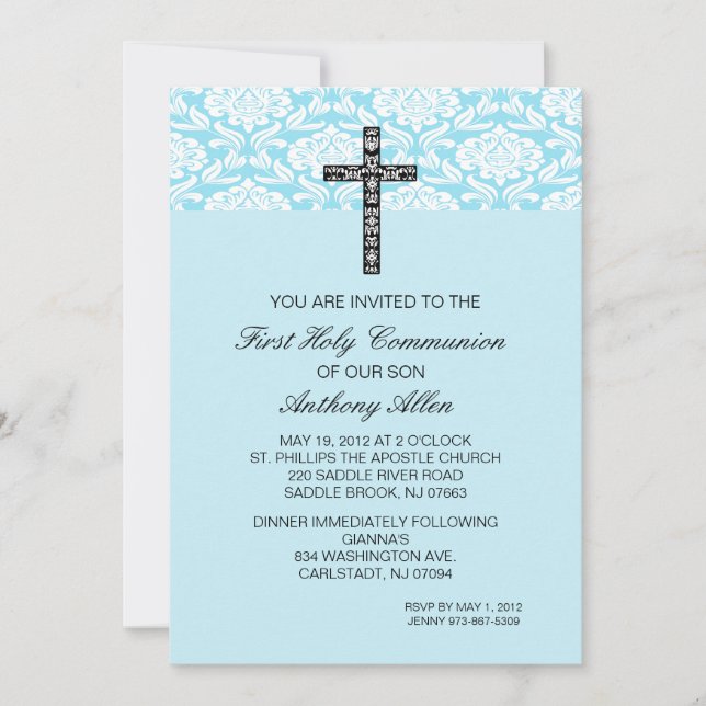 Blue Damask Boys Communion Invitation (Front)