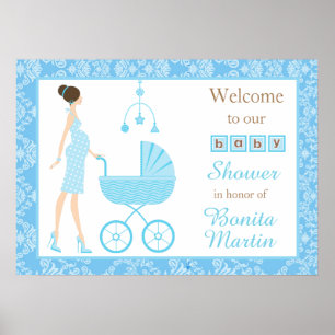 Blue Damask Brunette Boy Baby Shower Poster