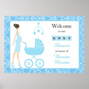 Blue Damask Brunette Boy Baby Shower Poster