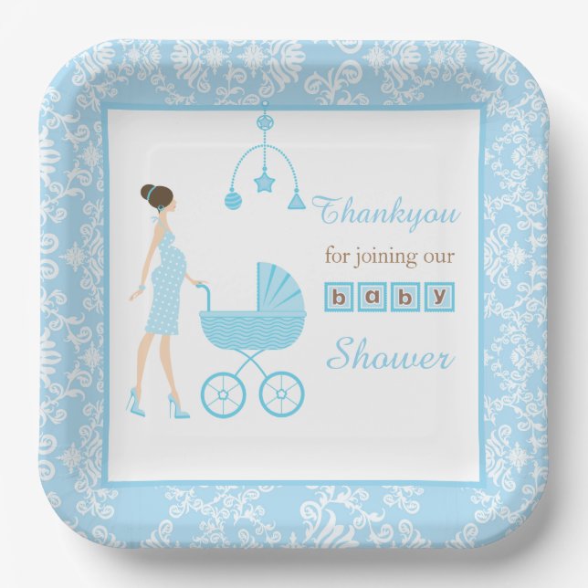 Blue Damask Brunette Woman Baby Shower Paper Plate (Front)