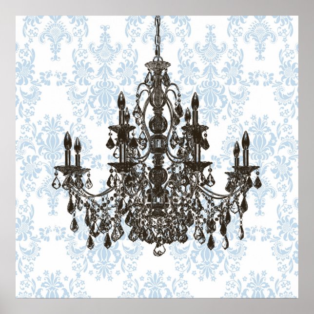 Blue Damask Chandelier Wall Art Print (Front)